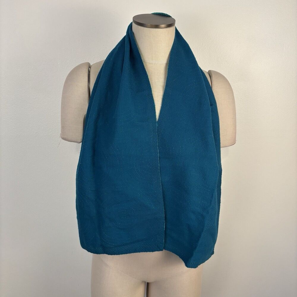 Dosa Hand-Stitched Kantha Silk Scarf Teal and Cerulean Reversible Christina Kim - Picture 4 of 11